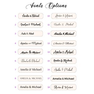 May include: A graphic displaying 18 font options for the names "Amelia & Michael". Each option is presented in a rectangular, light-colored box with a unique font style. The title "Fonts Options" is written in cursive at the top.