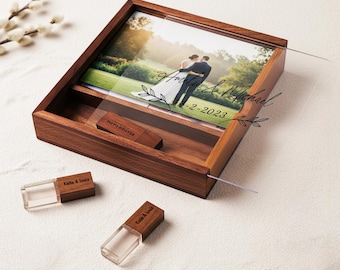 Aangepaste houten fotodoos met bedrukt acryldeksel en gegraveerde USB - gepersonaliseerde herinnering