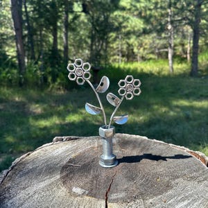 Peut inclure: Une sculpture métallique représentant deux fleurs dans un vase fait d'écrous et de boulons. Les fleurs sont composées de petites pièces métalliques circulaires, avec des feuilles métalliques incurvées. La sculpture est posée sur une souche d'arbre vieillie, avec un fond de forêt verte.