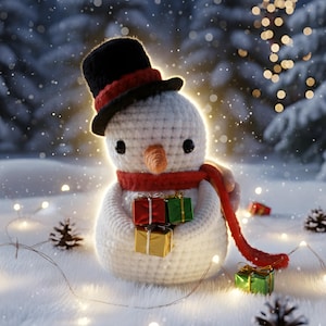 May include: A crocheted snowman wearing a black top hat with a red band and a red scarf. The snowman is holding three small wrapped gifts in red, green, and gold. The background is a snowy winter scene with pine trees and string lights.