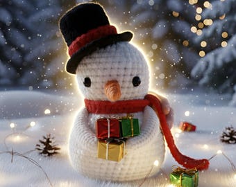May include: A crocheted snowman wearing a black top hat with a red band and a red scarf. The snowman is holding three small wrapped gifts in red, green, and gold. The background is a snowy winter scene with pine trees and string lights.