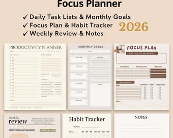 Productivity & Focus Planner | Daily Weekly Monthly Habit Tracker | Printable Digital Planner PDF