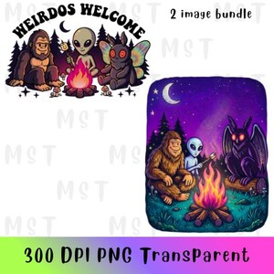 May include: A digital art bundle featuring two illustrations. The first shows a Bigfoot, an alien, and a moth-like creature around a campfire, with the text "WEIRDOS WELCOME". The second illustration depicts the same characters around a campfire under a starry night sky.