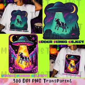 Euter Flugobjekt PNG | Lustige UFO-Kuh Sublimation | Retro Sci-Fi Alien Kunst | Hilarious Farm Humor Grafik-T-Shirt | Sofortiger digitaler Download