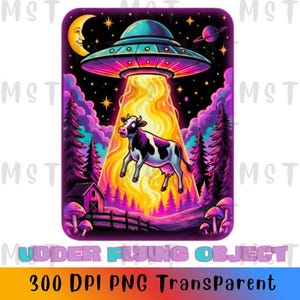 May include: A digital illustration featuring a black and white cow being abducted by a colorful UFO emitting a bright yellow beam. The scene includes a crescent moon, stars, a planet, purple clouds, pine trees, mushrooms, and a small barn.