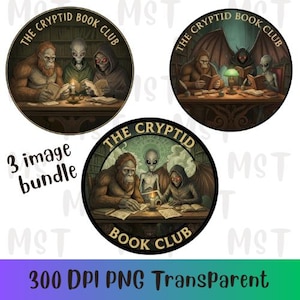 Paquete PNG de The Cryptid Book Club / Sublimación de Pie Grande y Hombre Polilla de Dark Academia / Arte digital de biblioteca retro