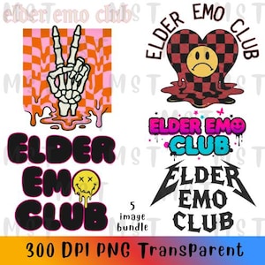 May include: A digital graphic bundle featuring five designs with the text Elder Emo Club. Elements include a skeleton hand making a peace sign over a pink and orange checkerboard, a melting red and black checkered heart with a sad face, and various stylized fonts with dripping effects, smiley faces, and stars.