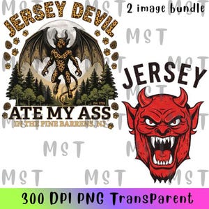 Op de afbeelding: Een digitaal grafisch pakket met twee ontwerpen. De eerste toont een gevleugeld wezen met luipaardprint, een volle maan, dennenbomen en de tekst JERSEY DEVIL ATE MY ASS IN THE PINE BARRENS, NJ. De tweede is een rood duivelsgezicht met hoorns.