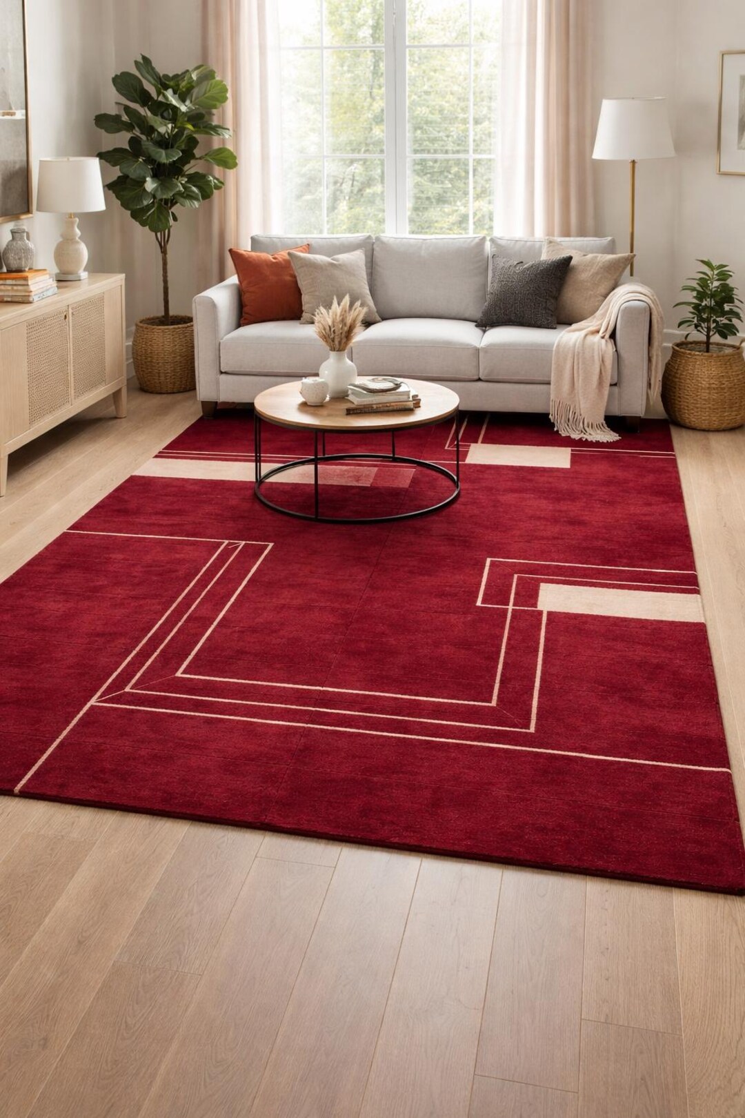 Red Layered Rugs Hand Tufted Red Rug | Modern Red Geometric Carpet | Contemporary Area ...