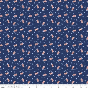 Tela para edredón 100 % algodón con motivos patrióticos, banderas y estrellas de Sandy Gervais para Riley Blake, color rojo, blanco y flecos, n.° C11524, color azul marino