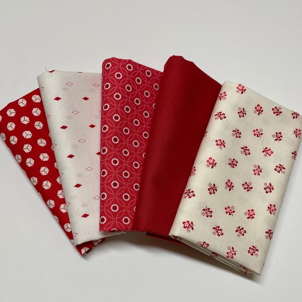 Red Hot Red and White and Cream Riley Blake sold by the Fat Quarter FQ Bundle of 5 or 1/2 yard bundle of 5 or 1 yard bundle of 5