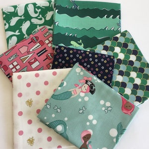 Ahoy Mermaids by Melissa Mortenson for Riley Blake Mermaids, Whales Cotton Quilt Fabric FQ Fat Quarter bundle of 7