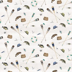 Wake by the Lake by Tara Reed for Riley Blake sold by the 1/2 yard # C14892-PARCHMENT Fishing, Cabin