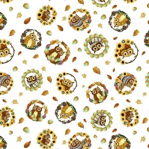 Happy Fallidays by Camelot Owl, Sunflower, pumpkin 100% Cotton Quilt Fabric sold by the 1/2 yard #CAM49230205-01 OWL WREATH WHITE