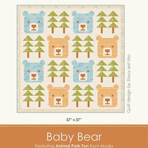 May include: A square quilt featuring a repeating pattern of blue and orange gingham bears and green trees. The quilt measures 57 inches by 57 inches. The design is called "Baby Bear" and is by Stacy Iest Hsu.