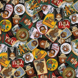 May include: A collection of Smokey Bear patches in various shapes and sizes. The patches feature Smokey Bear with text like "Prevent Forest Fires," "Only You," and "Protect Our Forests." The color palette includes red, green, yellow, and brown.