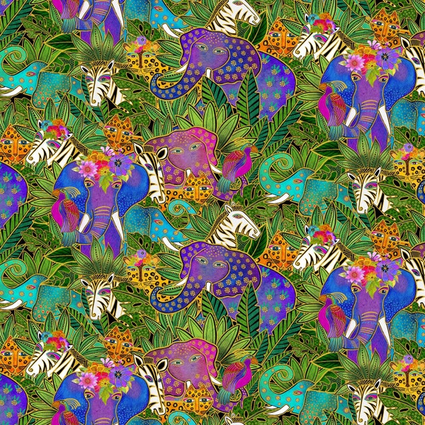 Earth Song by Laurel Birch for Clothworks Jungle Animal Metallic Cotton Quilt Fabric sold by the 1/2 yard #Y4017 55M multi color metallic