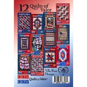 May include: A book cover featuring 12 quilt designs with red, white, and blue patriotic themes. The book title is "12 Quilts of Valor" and the subtitle is "Villa Rosa Designs". The book cover also includes the logo for "Quilts of Valor".