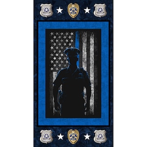 May include: A fabric panel featuring a silhouette of a police officer in front of a distressed American flag with a blue stripe. The design is framed in blue and includes police badges and stars.
