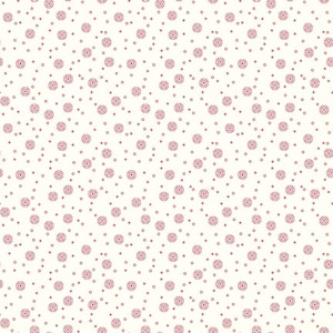 May include: A repeating pattern of small, stylized red sunburst designs and dots on a cream-colored background. The sunbursts are evenly spaced and surrounded by smaller dots and squares, creating a textured, all-over design.