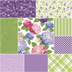 May include: A collage of floral and patterned fabric swatches. Designs include purple hydrangea blooms, small purple roses on a cream background, green script, green stripes, purple gingham, purple polka dots, and green plaid.