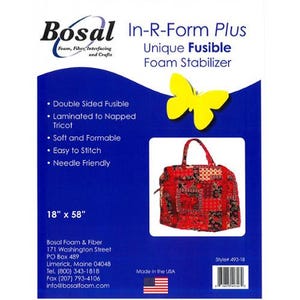 May include: A blue package with the text "Bosal In-R-Form Plus Unique Fusible Foam Stabilizer." The package features a red and black patterned bag, a yellow butterfly, and product details. The dimensions are 18 inches by 58 inches.