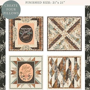May include: A Wellspring pillow bundle pattern set for four 21 inch by 21 inch pillows. The design features four square quilt blocks with floral and geometric patterns in brown, cream, and sage green, including text reading Amazing Grace and Bless the Lord.