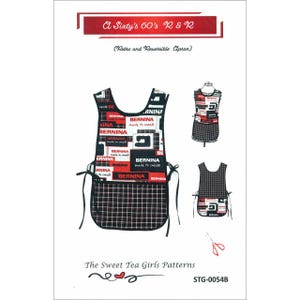 May include: A sewing pattern for a retro and reversible apron. The apron features a black, red, and white color scheme with the word "BERNINA" printed on it. The pattern includes multiple views of the apron and the text "The Sweet Tea Girls Patterns".