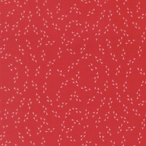 May include: Red fabric with a repeating pattern of small, white bird footprints. The footprints are arranged in a scattered, yet organized, design across the surface of the fabric. The fabric has a textured appearance.