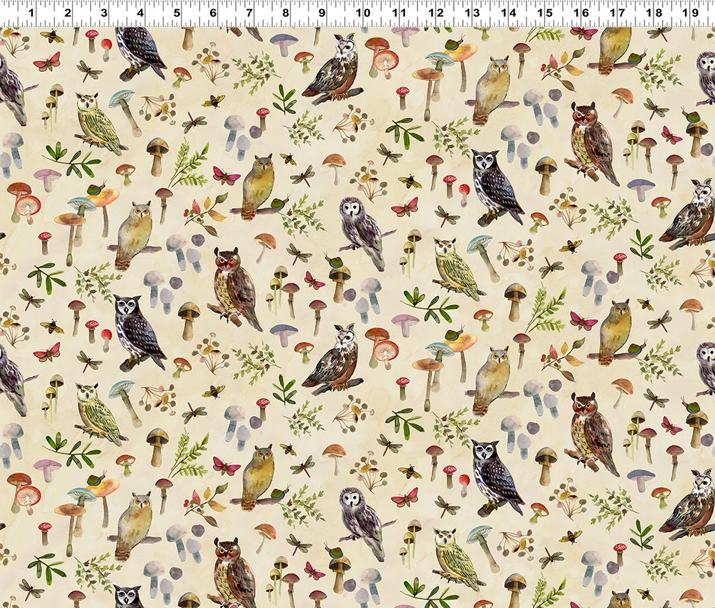 Wild Wonder by Clothworks Digital Owls and Mushrooms Light butter sold by the 1/2 yard #Y4075-58 lig