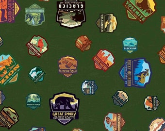 National Parks Patches Green  by Anderson Design Group for Riley Blake Designs 100% Cotton Quilt Fabric Sold by the 1/2 yard. #C8782 Green