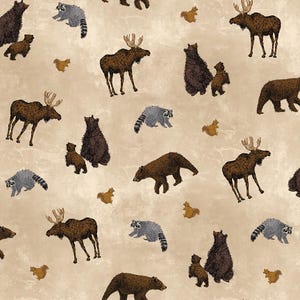 May include: A beige background with a repeating pattern of brown bears, moose, raccoons, and squirrels. The animals are drawn in a cartoon style.