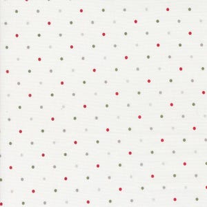 May include: White fabric with a repeating pattern of small, evenly spaced polka dots. The dots are in three colors: red, gray, and green. The fabric has a slightly textured appearance.