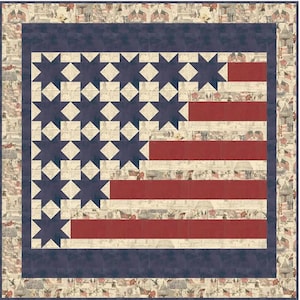 May include: A patriotic quilt featuring the American flag design. The quilt showcases a navy blue border and a central field of blue star shapes and red stripes. The background has a vintage newspaper print.