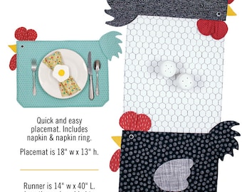 Chickens on the Runner Table runner, Placemat and napkin pattern by Cotton Ginny's