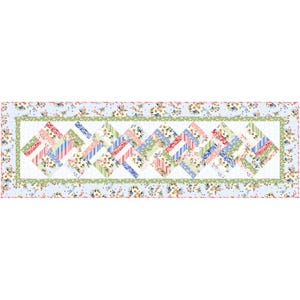 May include: A patchwork table runner with a white background and a pattern of pink, blue, and green squares. The runner has a light blue border with a floral pattern.