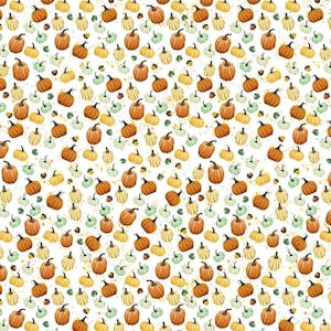 Happy Fallidays by Camelot Owl, Sunflower, pumpkin 100% Cotton Quilt Fabric sold by the 1/2 yard #CAM49230203-01 Pumpkin Toss White