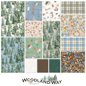 May include: A collection of fabric patterns featuring woodland themes including pine trees, squirrels, foxes, hedgehogs, rabbits, mushrooms, autumn leaves, and plaid designs in various colors. The text Woodland Way by Beth Grove is at the bottom.