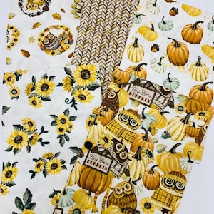 Happy Fallidays by Camelot Owl, Sunflower, pumpkin 100% Cotton Quilt Fabric sold by the Fat Quarter or Half yard or One yard Bundle of 5