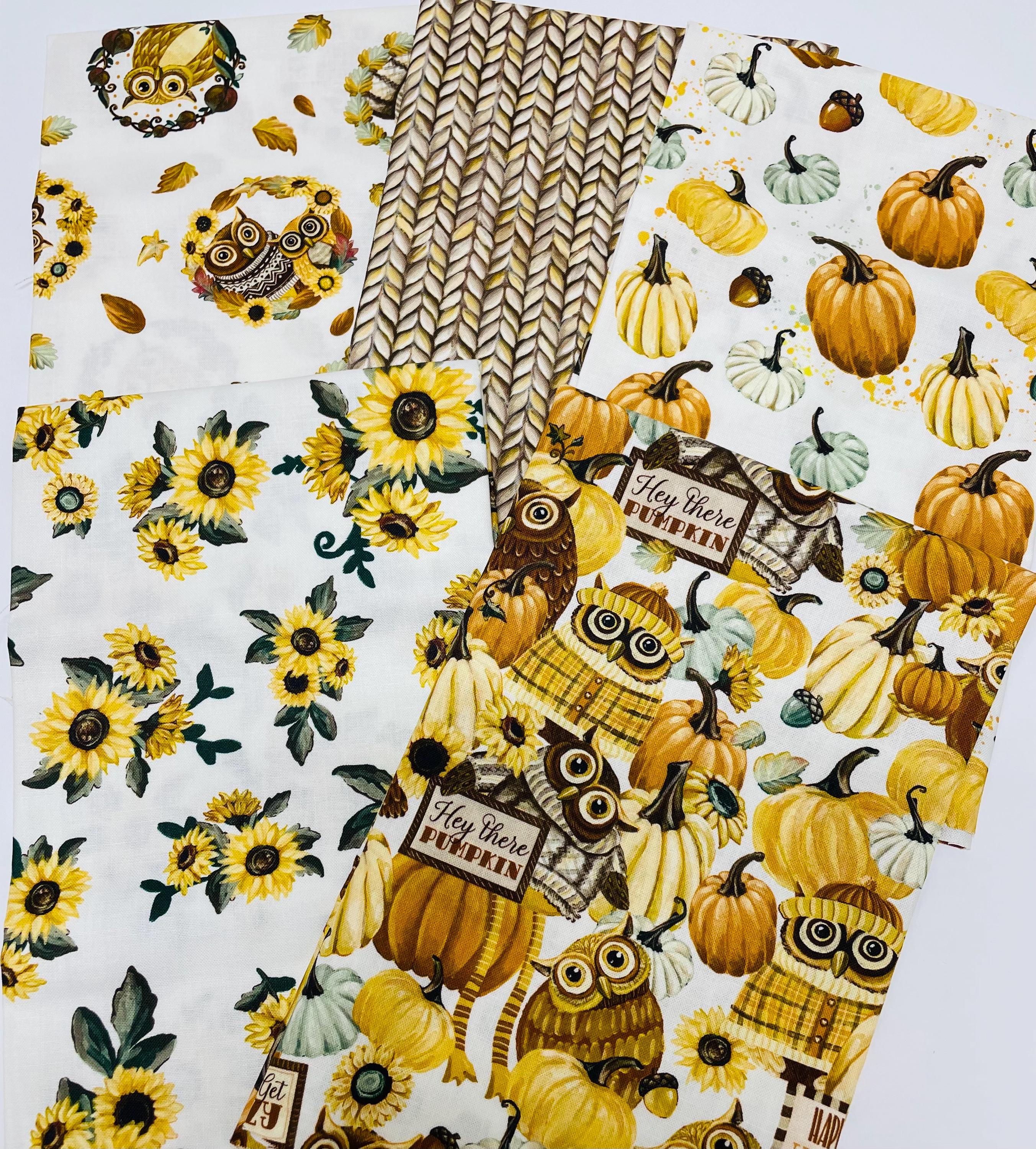 Happy Fallidays by Camelot Owl, Sunflower, pumpkin 100% Cotton Quilt Fabric sold by the Fat Quarter 