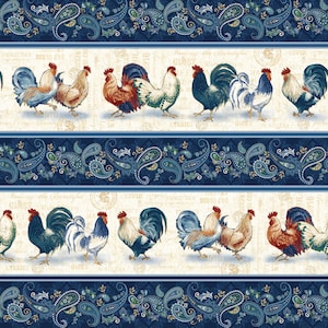 May include: A seamless fabric pattern featuring a repeating design of blue paisley borders and rows of colorful roosters on a cream background. The roosters are in various poses, with some facing left and others facing right. The fabric is perfect for crafting projects, quilting, and home decor.