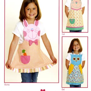 Fun Friends Child's Apron Pattern Kitty, Rabbit, Owl Apron size 3-8 by Cotton Ginnys image 1