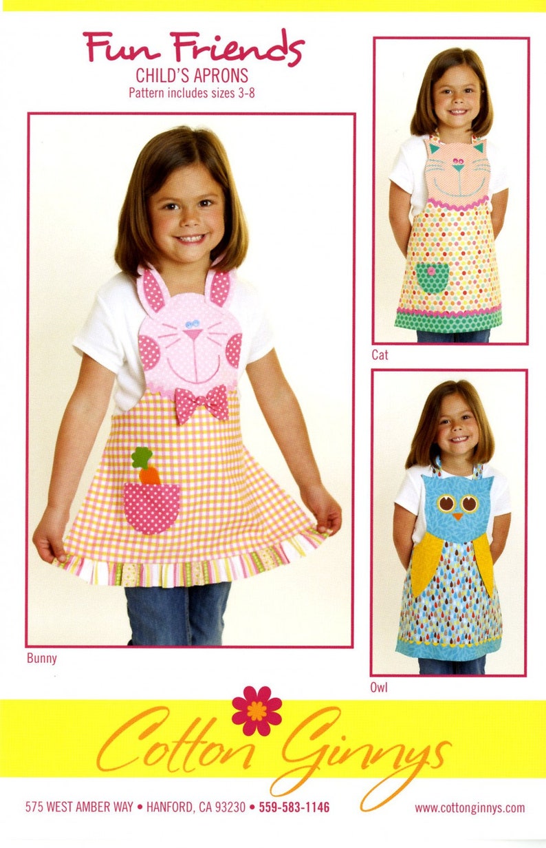 Fun Friends Child's Apron Pattern Kitty, Rabbit, Owl Apron size 3-8 by Cotton Ginnys image 1