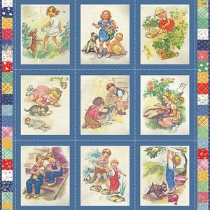 May include: A patchwork quilt featuring nine vintage-style illustrations of children with pets. The illustrations are framed in blue and surrounded by a colorful patchwork border. The images depict children playing with dogs, cats, and other animals in various outdoor settings.