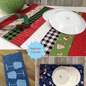 May include: A colorful patchwork dish drying mat with white plates, a green bowl, and kitchen utensils. The mat features holiday-themed patterns and the text "Dry Ideas" and "Beginner Friendly". Finished size is 14.5" x 16.5" or 8" x 14.25".