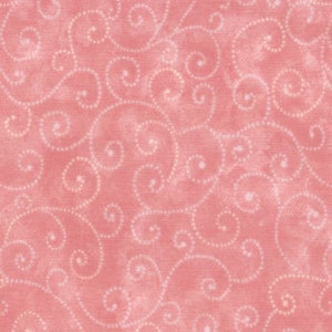 May include: A pink fabric with a white swirl pattern. The swirls are made up of small white dots.