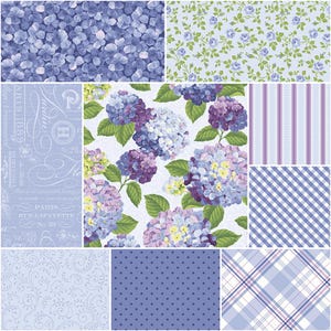 May include: A collection of nine fabric patterns in shades of blue and purple. Designs include hydrangea blooms, floral sprigs, stripes, gingham, polka dots, and a French script. The overall theme is floral and vintage.