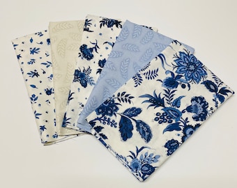 French Quarter by Maywood Studio Blue Navy Floral 100% Cotton Quilt Fabric FQ Fat Quarter Bundle or 1/2 yd or 1 yard bundle of 5