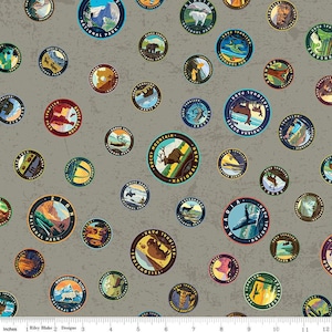 National Parks Emblems by Anderson Design Group for Riley Blake Designs 100% Cotton Quilt Fabric Sold by the 1/2 yard. #CD13292 GRAY