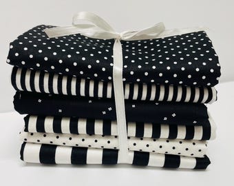 Black and White Riley Blake Stripes, Dots and blossom sold by the Fat Quarter FQ Bundle or 1/2 yard bundle, or a 1 yard bundle of 6